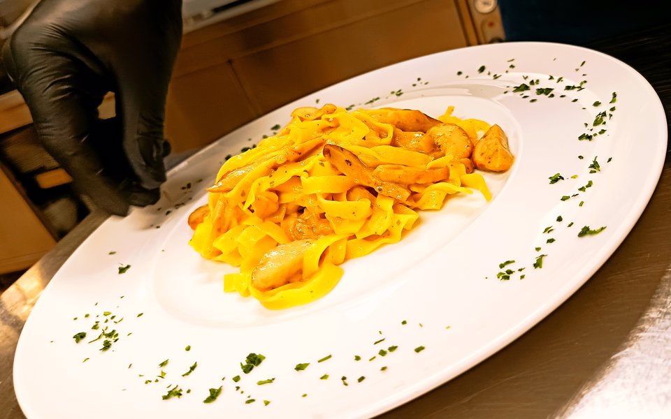 tagliatelle all uovo fatte in casa con funghi porc